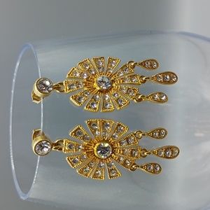 PA CN Couture Art Deco Gold Toned & Rhinestone Earrings
